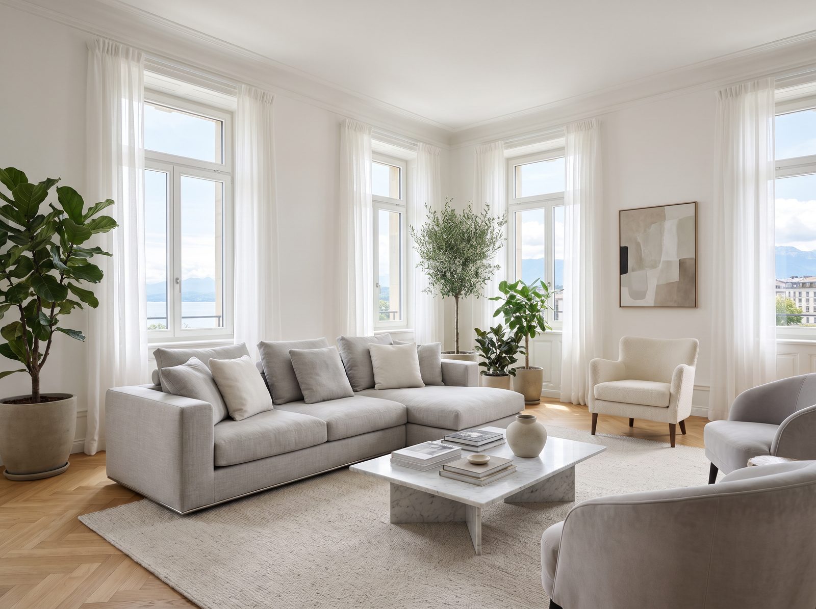 Un salon lumineux aux tons blancs et gris clair